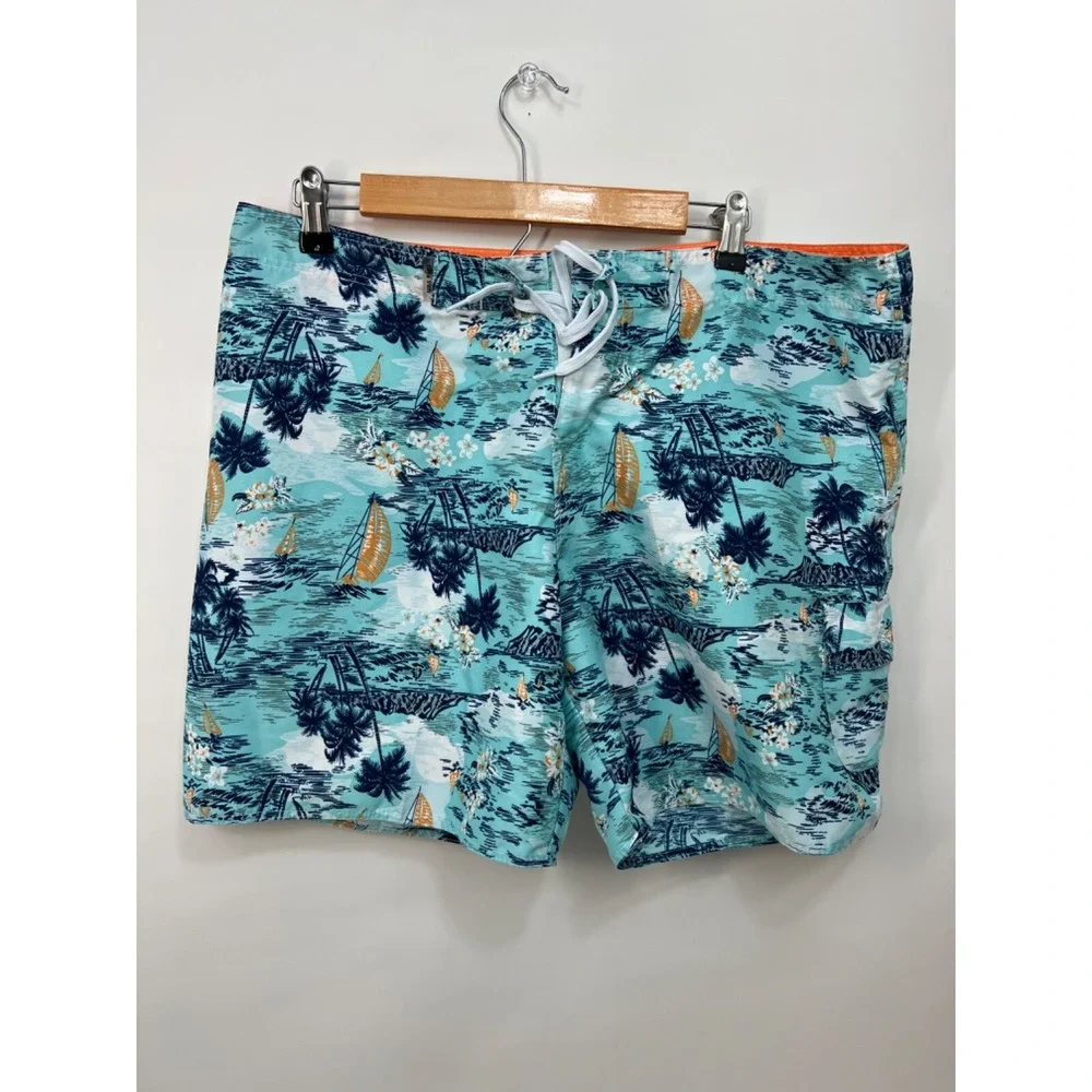 Raya Sun Swim Trunks Swimsuit Blue Hawaiian Print Mens Sz‎ XL